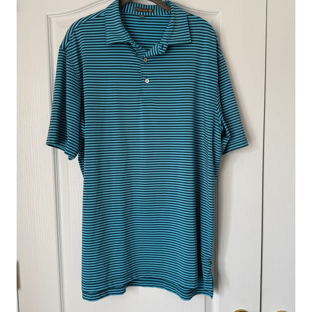 Peter Millar Summer Comfort Golf Polo Blue Stripe Kinloch Logo Men's Large